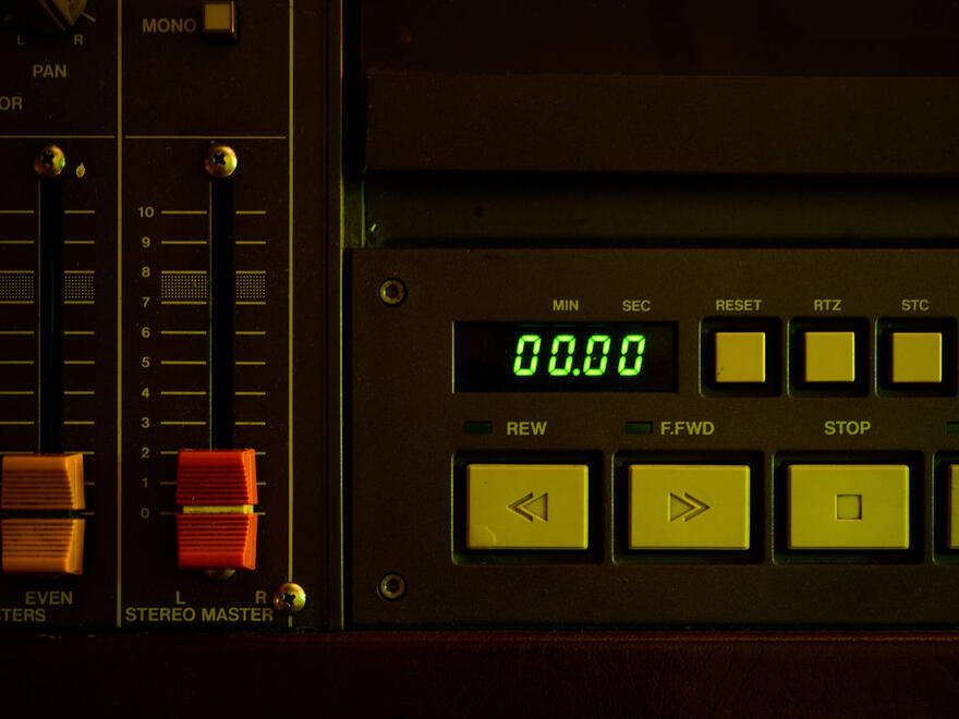 Tascam 388 transport controls and stereo master faders. Tascam 388 transport controls and stereo master faders.