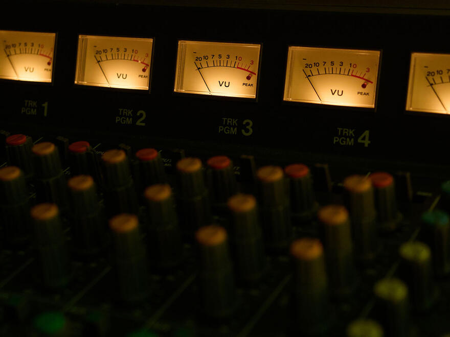 Illuminated VU meters and controls on a Tascam 388. Illuminated VU meters and controls on a Tascam 388.