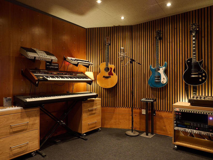 Wurlitzer piano, guitars and recording equipment inside Nickel Studios. Wurlitzer piano, guitars and recording equipment inside Nickel Studios.